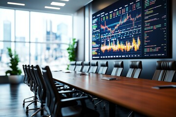 Modern corporate meeting room showing charts on big screen