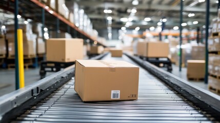 Cardboard boxes on conveyor belt in warehouse