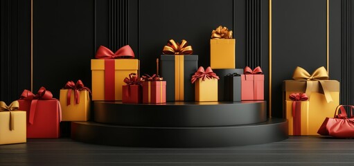 Black 3D podium with bright red and orange gifts. Background for sales week, black Friday or cyber Monday. World Shopping Day.
