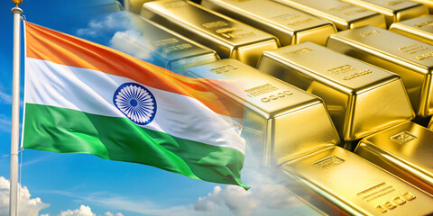 Gold bar and flag India. Investments in gold. Imports and Export Gold Indian. Trading on precious metals market. Golden futures. Investment in gold mining company. 