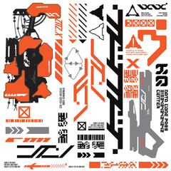 cyberpunk y2k 2000s gaming futuristic icon pattern  set collection template hud for branding fashion t-shirt decoration decals, 2d illustration rendering vector 