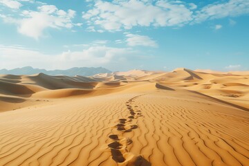 A lone set of footprints leads across a vast, sandy desert landscape under a clear, blue sky.
