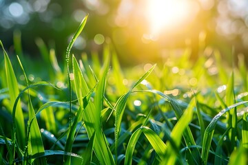 Fresh green grass with morning sunlight and dew