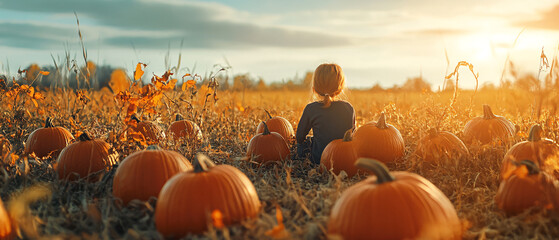 Young girl sitting in a field of pumpkins at sunset
