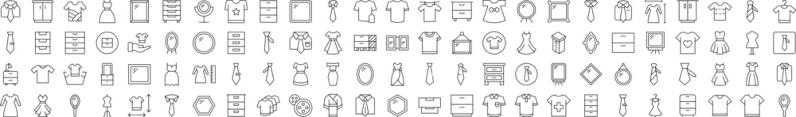 Closet, Wardrobe, Mirror, Dress, T Shirt Line Icon Collection. Editable Stroke. Minimalistic Linear Pictogram for Design of Cards, Apps, Banners, Posts