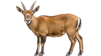 Fototapeta premium A brown antelope with long, curved horns stands facing the camera on a white background.