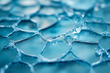 Background of blue broken glass or colored ice. Pieces of bright jelly. Wallpaper with transparent plastic with sun reflections.