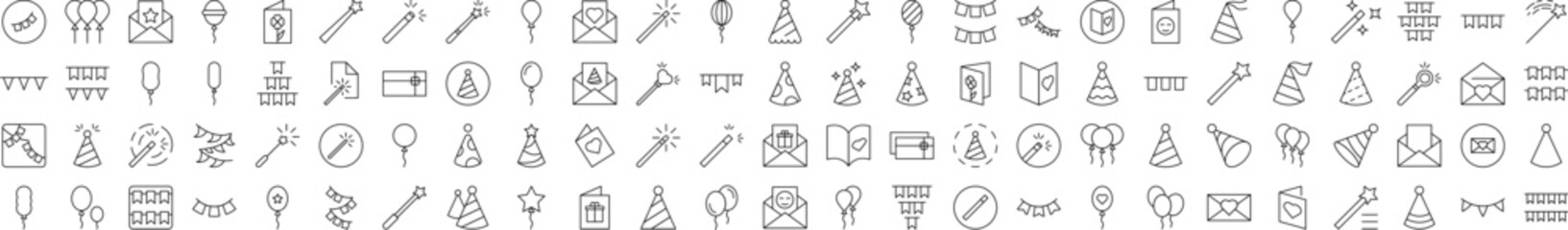 Collection of Holiday Related Line Icons. Editable Stroke for Design, Web Sites, Apps, Cards. Contains Linear Images of Balloons, Magic Wands, Postcards, Garlands, Holiday Hat