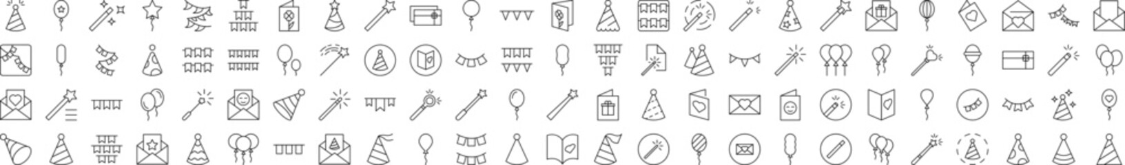 Holiday Line Icon Set. Modern Collection for Design, Web Sites, Apps, Cards. Contains Linear Images of Balloons, Magic Wands, Postcards, Garlands, Holiday Hat
