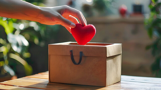 Hand Puts Red Heart Into Donation Box
