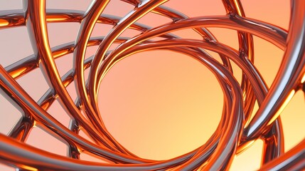 The image shows a close-up of an abstract metallic structure with orange and silver tubes forming a circular shape against a gradient orange background.