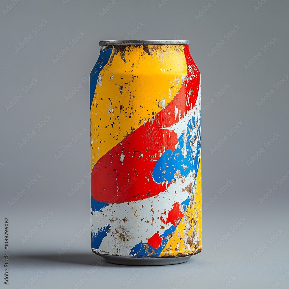 Poster closeup view of an empty soda can its vibrant colors and brand logo still visible but showing signs 