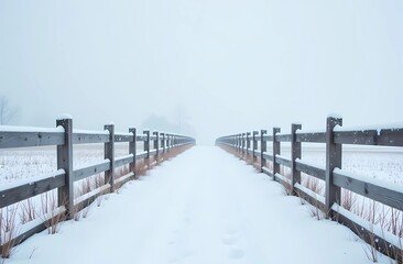 A wooden fence leading into a snowy field with a large empty white area