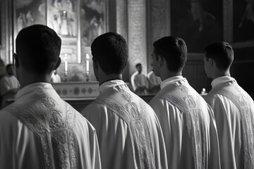Obraz premium Seminary Clerics in Mass: Religious Young Clerics Praying in Church Interior