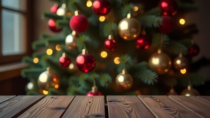 Wooden table for product presentation, against a background of Christmas decorations