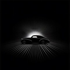 Silhouette of a classic car in a dark tunnel with radiating lines.