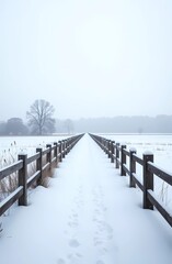 A wooden fence leading into a snowy field with a large empty white area