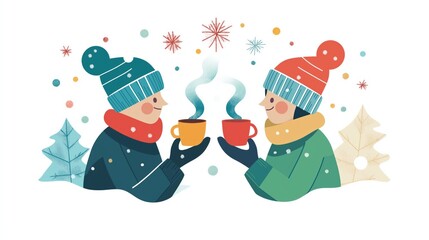 Winter cozy moments: hot cocoa and friendship illustration for seasonal greeting cards