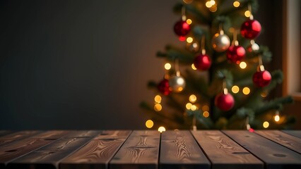Wooden table for product presentation, against a background of Christmas decorations