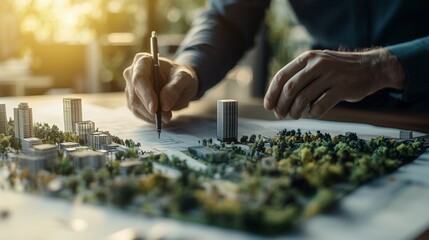 Fototapeta premium Architect designing urban landscape with scale model. Landscape architecture.