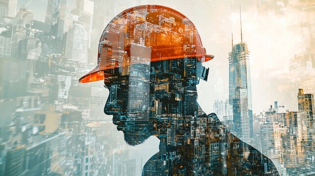 Silhouette of a construction worker with cityscape overlay, symbolizing urban development and industry.