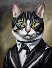 A distinguished cat dressed in a formal tuxedo, exuding charm and sophistication.
