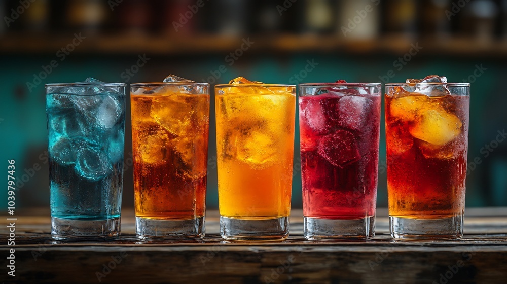 Aufkleber colorful arrangement of glasses filled with various refreshing soda waters each with ice cubes place