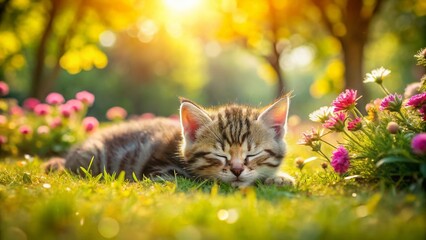 Obraz premium Adorable Kitten Sleeping in Park Surrounded by Colorful Flowers and Grass