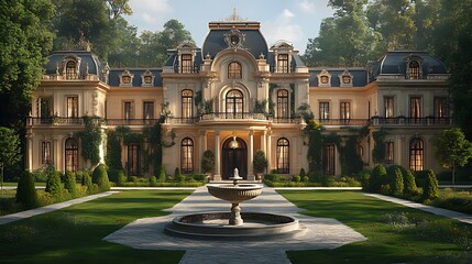 Obraz premium A large, luxurious mansion with a grand entrance, a fountain, and manicured gardens.