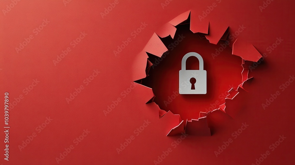 Aufkleber a paper cutout hole in a red background with a lock icon inside, symbolizing data security and onlin