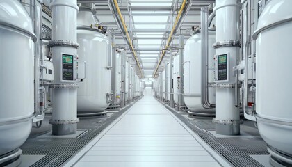 Interior view of a modern industrial facility featuring cylindrical tanks and sleek lines, showcasing advanced technology and design.