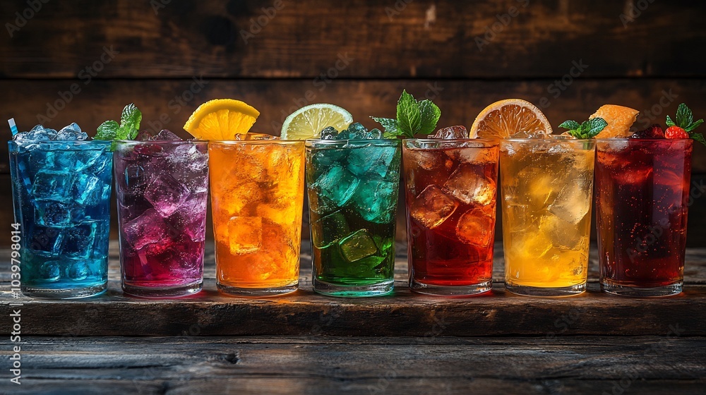 Poster colorful arrangement of glasses filled with various refreshing soda waters each with ice cubes place