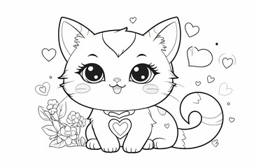 Obraz premium Cute Kawaii Cat with Hearts Coloring Book Page