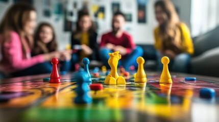 An engaging board game session in a cozy living room, Board games set up for a strategic play, Family game night style