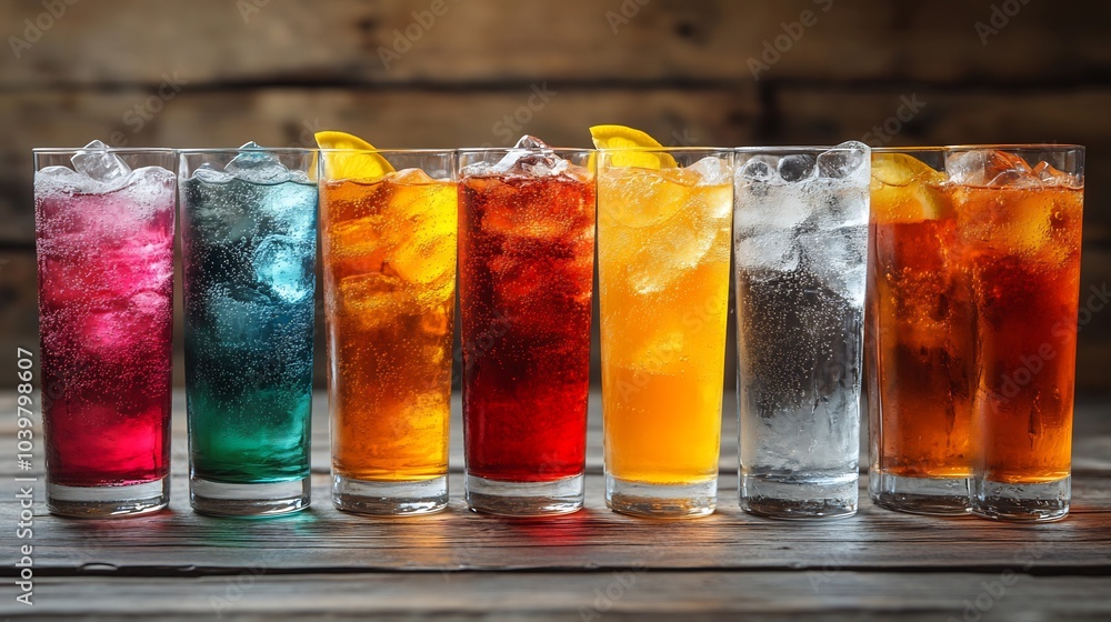 Poster colorful arrangement of glasses filled with various refreshing soda waters each with ice cubes place