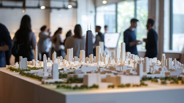 Architectural model with skyscrapers and people, symbolizing urban planning and collaboration.