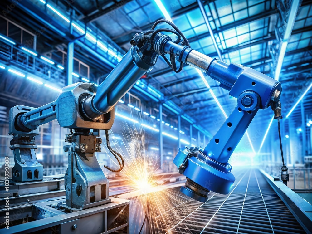 Poster advanced double exposure of blue robotic arm in automatic installation process for industrial automa