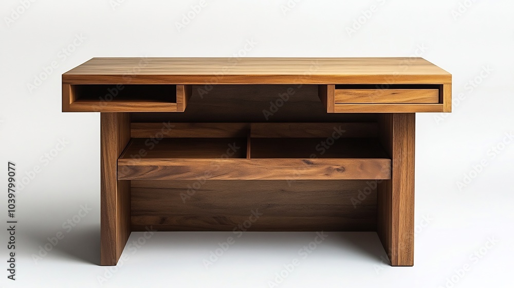 Poster compact office desk with clean lines and a subtle wood finish featuring storage compartments underne
