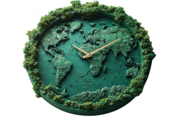 Green world clock isolated on transparent background, png file, no background png file