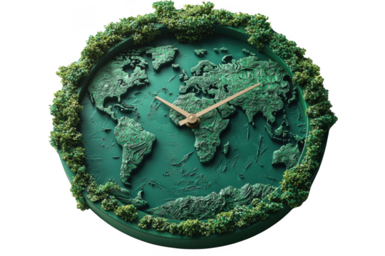 Green world clock isolated on transparent background, png file, no background png file