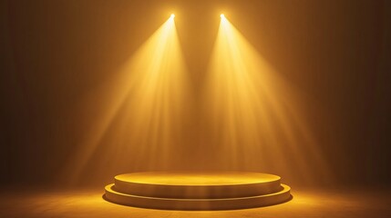 A simple golden podium illuminated by spotlights on a dark background