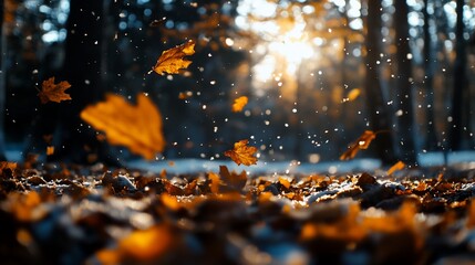 Sunbeams illuminate fallen autumn leaves on a snowy forest floor, with a few leaves floating in the air.