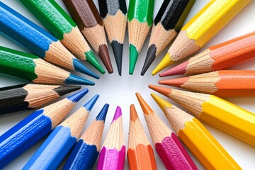 Naklejka premium A colorful array of pencils arranged in a perfect circle on a white background, with each pencil's tip pointing toward the center. 