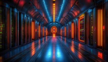 Futuristic corridor illuminated by neon lights in a modern data center