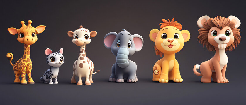 Adorable Cartoon Safari Animals    Giraffe, Lion, Elephant, Zebra, Cat, Zebr