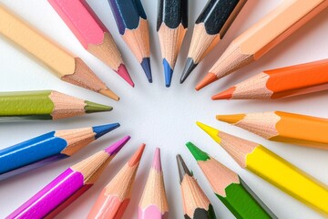 Fototapeta premium A colorful array of pencils arranged in a perfect circle on a white background, with each pencil's tip pointing toward the center. 
