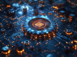 concept illustration representing patent or copyright ideas, featuring gears and icons symbolizing intellectual property, with a modern and professional aesthetic conveying innovation