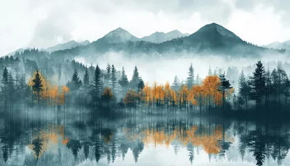 Misty autumn landscape with reflections in a serene mountain lake at dawn