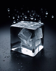 Close-up of an ice cube on a black surface, surrounded by small droplets of water. 