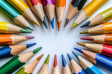 Fototapeta premium A colorful array of pencils arranged in a perfect circle on a white background, with each pencil's tip pointing toward the center. 